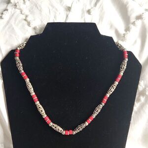Tribal-Inspired Red & Silver Beaded Necklace